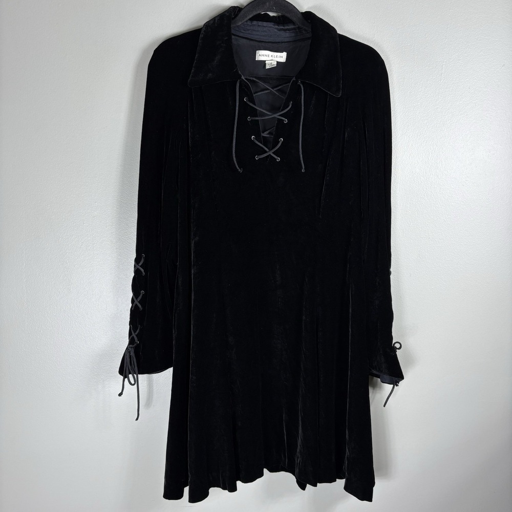 VTG Anne Klein Women's 12 Black Velvet Side Zip Lace Up Detail Fit Flare Dress
